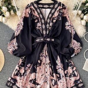 Boho Floral Long Sleeve Dress w/ Belt | Black & Blush